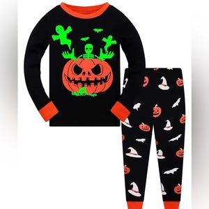 Kids Glow In The Dark Pumpkin Skull Ghost Long Sleeve Pajamas